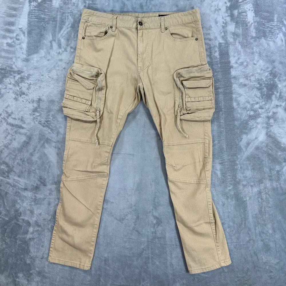 Smoke Rise Cargo Moto Jeans Mens Size 38x32 Khaki Tan Tactical Moto